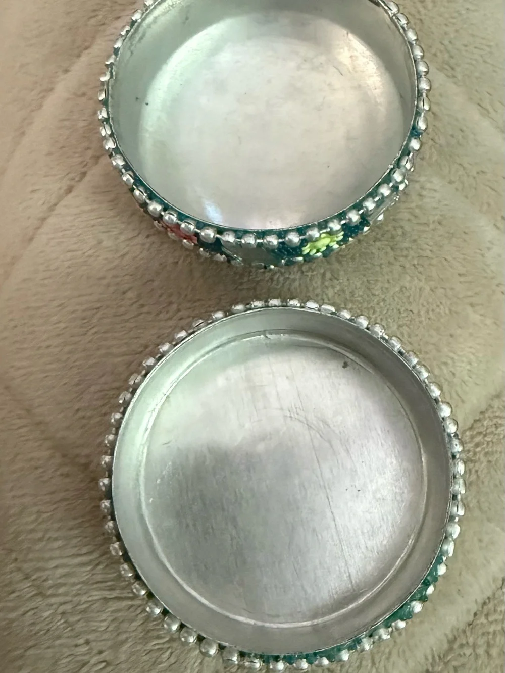 Trinket Kumkum decorated beaded Box mirrored glass Teal and Silver #20